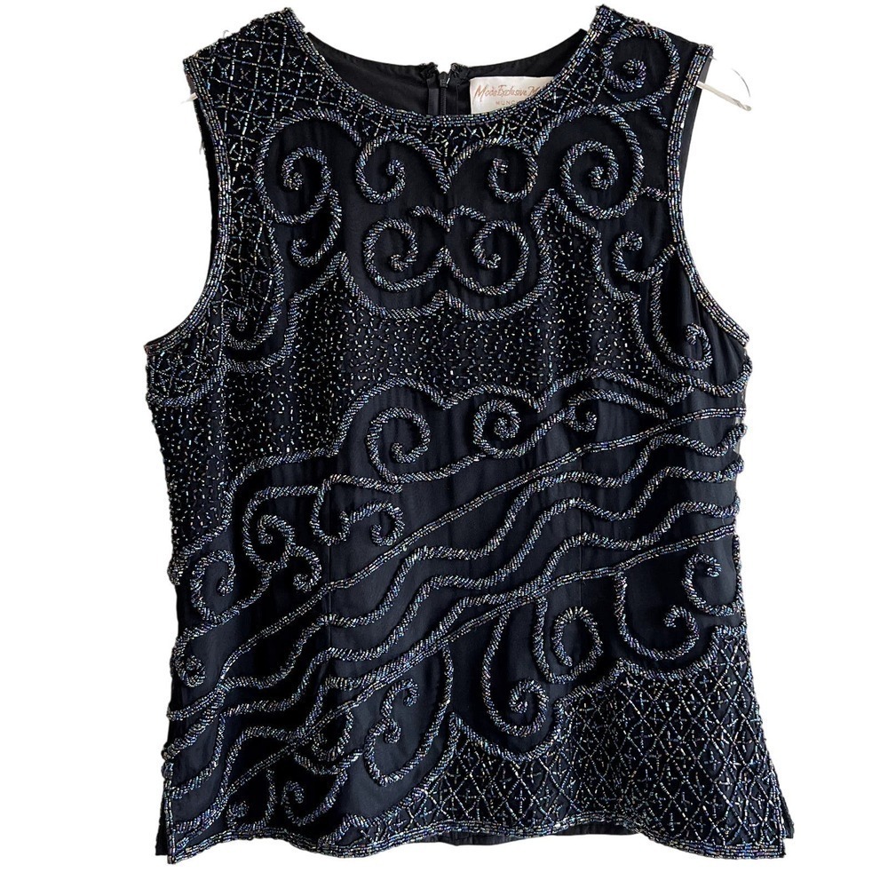 Vintage Iridescent Beaded Shell Tank Top Black Mode Exclusive Mehra Sleeveless